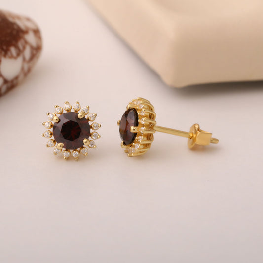 14K Solid Gold Smoky Quartz Stud Earrings in Round Shape Surrounded by Real Diamonds