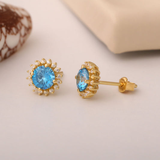 14K Solid Gold Blue Topaz Stud Earrings in Round Shape Surrounded by Real Diamonds, Timeless Birthstone Jewelry for December