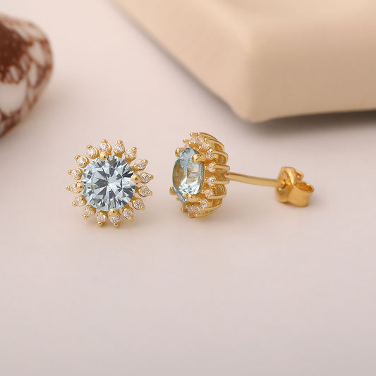 14K Solid Gold Aquamarine Stud Earrings in Round Shape Surrounded by Real Diamonds, Birthstone Jewelry for March