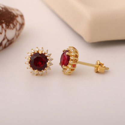 14K Solid Gold Ruby Stud Earrings in Round Shape Surrounded by Real Diamonds, Perfect for Elegant Christmas or July Birthstone Gift