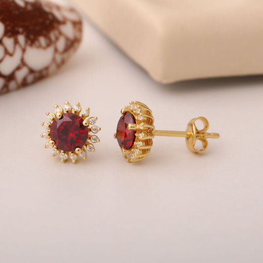 14K Solid Gold Garnet Stud Earrings in Round Shape Surrounded by Real Diamonds, Birthstone Jewelry for January