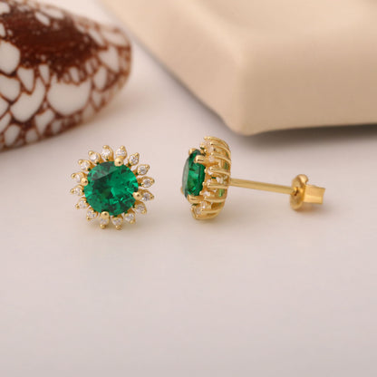 14K Solid Gold Emerald Stud Earrings in Round Shape Surrounded by Real Diamonds, May Birthstone Jewelry