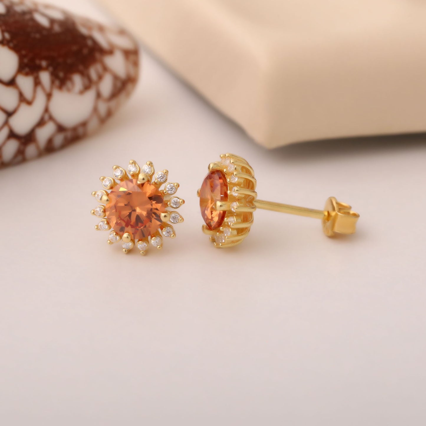 14K Solid Gold Citrine Stud Earrings in Round Shape Surrounded by Real Diamonds, Birthstone Jewelry for November