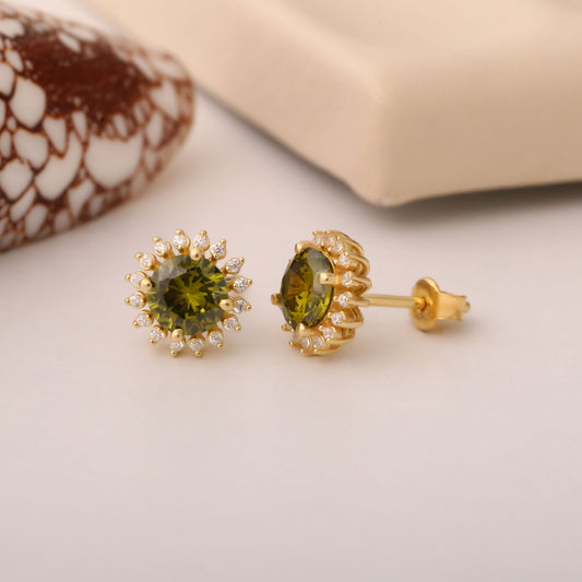 14K Solid Gold Peridot Stud Earrings in Round Shape Surrounded by Real Diamonds, August Birthstone Jewelry