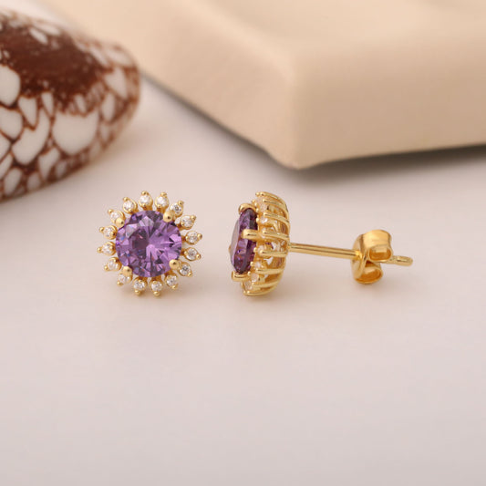 14K Solid Gold Amethyst Stud Earrings in Round Shape Surrounded by Real Diamonds, February Birthstone Jewelry