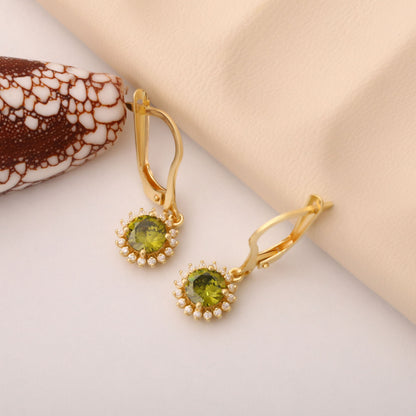 14K Solid Gold Peridot Dangle Earrings in Round Shape Surrounded by Real Diamonds, August Birthstone Jewelry