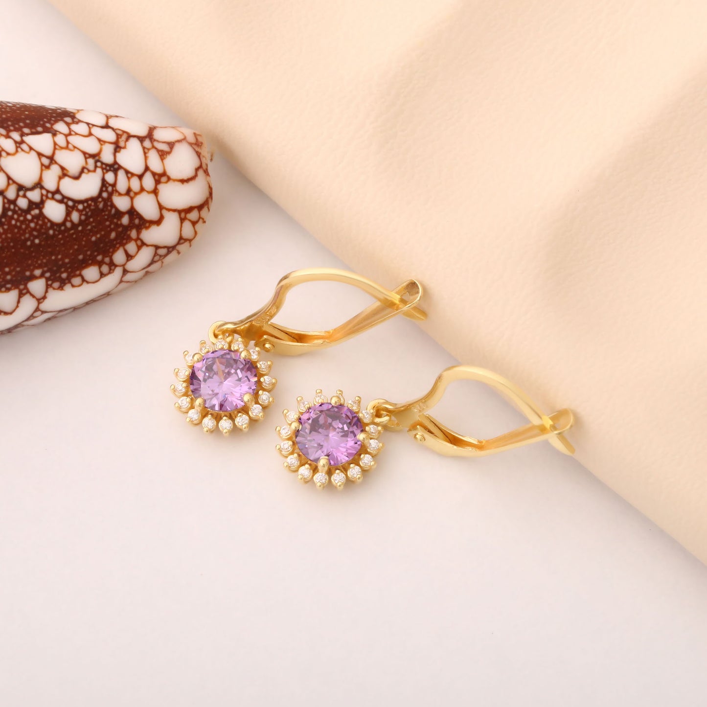 14K Solid Gold Amethyst Dangle Earrings in Round Shape Surrounded by Real Diamonds February Birthstone Jewelry