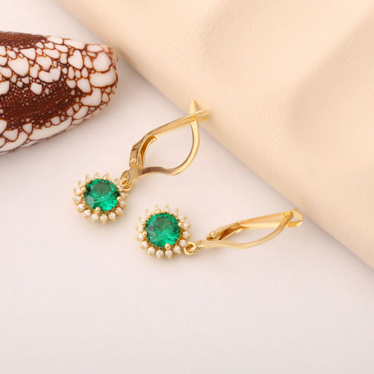 14K Solid Gold Emerald Dangle Earrings in Round Shape Surrounded by Real Diamonds, May Birthstone Jewelry