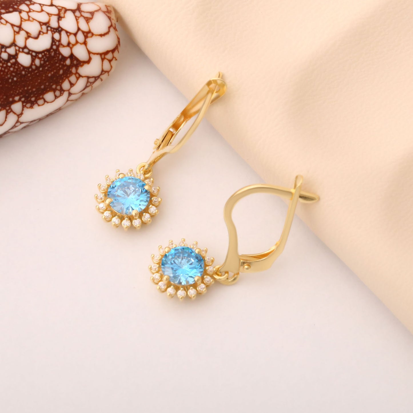 14K Solid Gold Blue Topaz Dangle Earrings in Round Shape Surrounded by Real Diamonds, Timeless Birthstone Jewelry for December Gifts