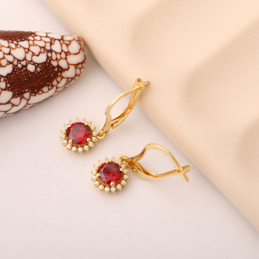 14K Solid Gold Garnet Dangle Earrings in Round Shape Surrounded by Real Diamonds, Birthstone Jewelry for January