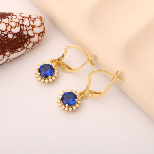 14K Solid Gold Sapphire Dangle Earrings in Round Shape Surrounded by Real Diamonds, Birthstone Jewelry for September Gifts