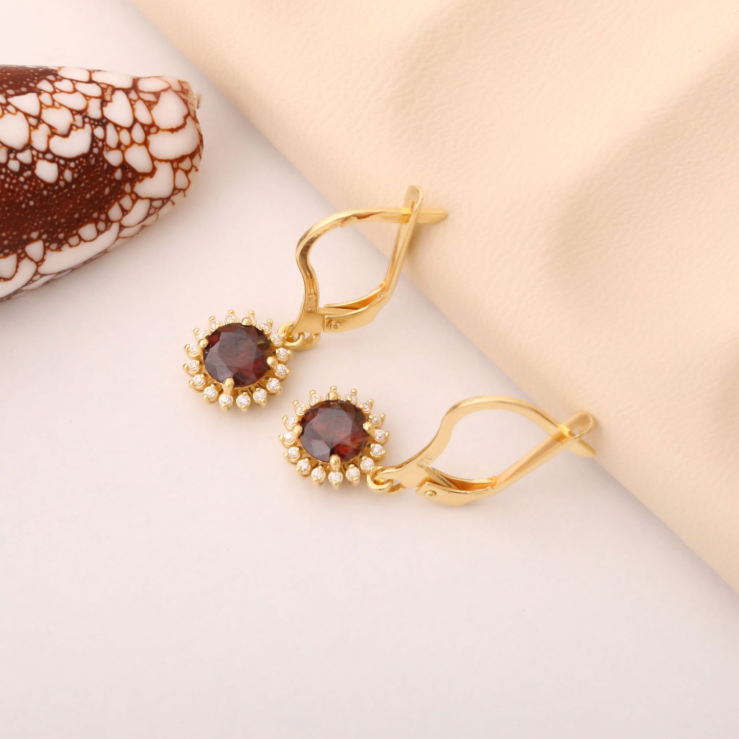 14K Solid Gold Smoky Quartz Dangle Earrings in Round Shape Surrounded by Real Diamonds