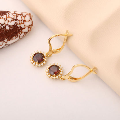 14K Solid Gold Smoky Quartz Dangle Earrings in Round Shape Surrounded by Real Diamonds