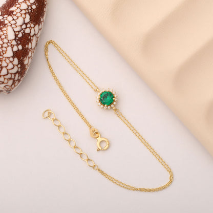 14K Solid Gold Emerald Bracelet in Round Shape Surrounded by Real Diamonds, May Birthstone Jewelry for Special Occasions