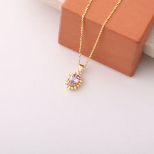 Oval Cut Alexandrite Necklace with Real Diamonds, 14K Solid Gold, June Birthstone Pendant