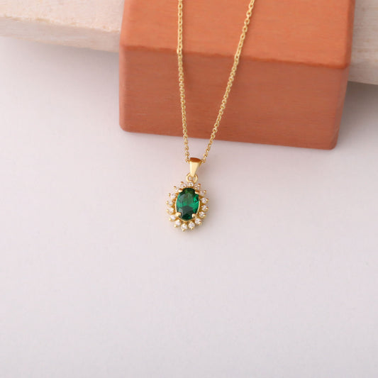 Oval Cut Emerald Necklace with Real Diamonds, 14K Solid Gold, May Birthstone Pendant