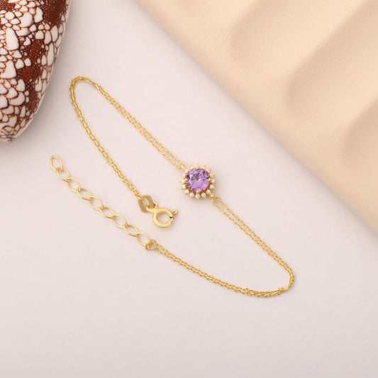 14K Solid Gold Amethyst Bracelet in Round Shape Surrounded by Real Diamonds, February Birthstone Jewelry