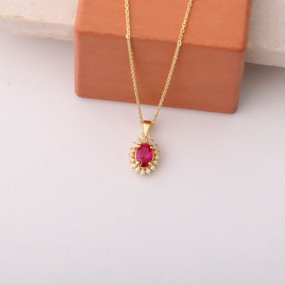 Oval Cut Ruby Necklace with Real Diamonds, 14K Solid Gold, July Birthstone Pendant