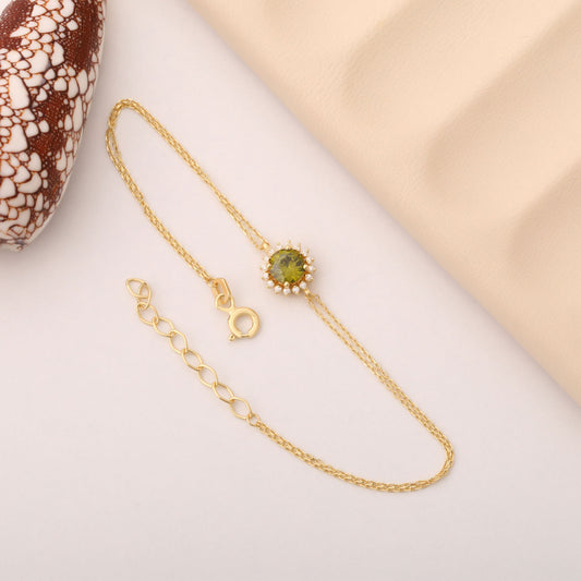 14K Solid Gold Peridot Bracelet in Round Shape Surrounded by Real Diamonds, August Birthstone Jewelry