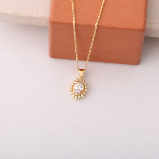 Oval Cut White Topaz Necklace with Real Diamonds, 14K Solid Gold, April Birthstone Pendant