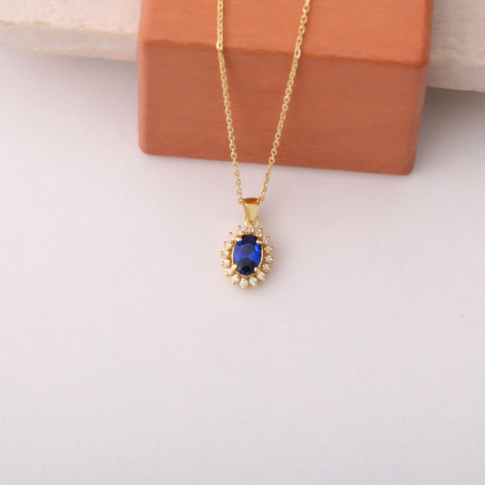 Oval Cut Sapphire Necklace with Real Diamonds, 14K Solid Gold, September Birthstone Pendant