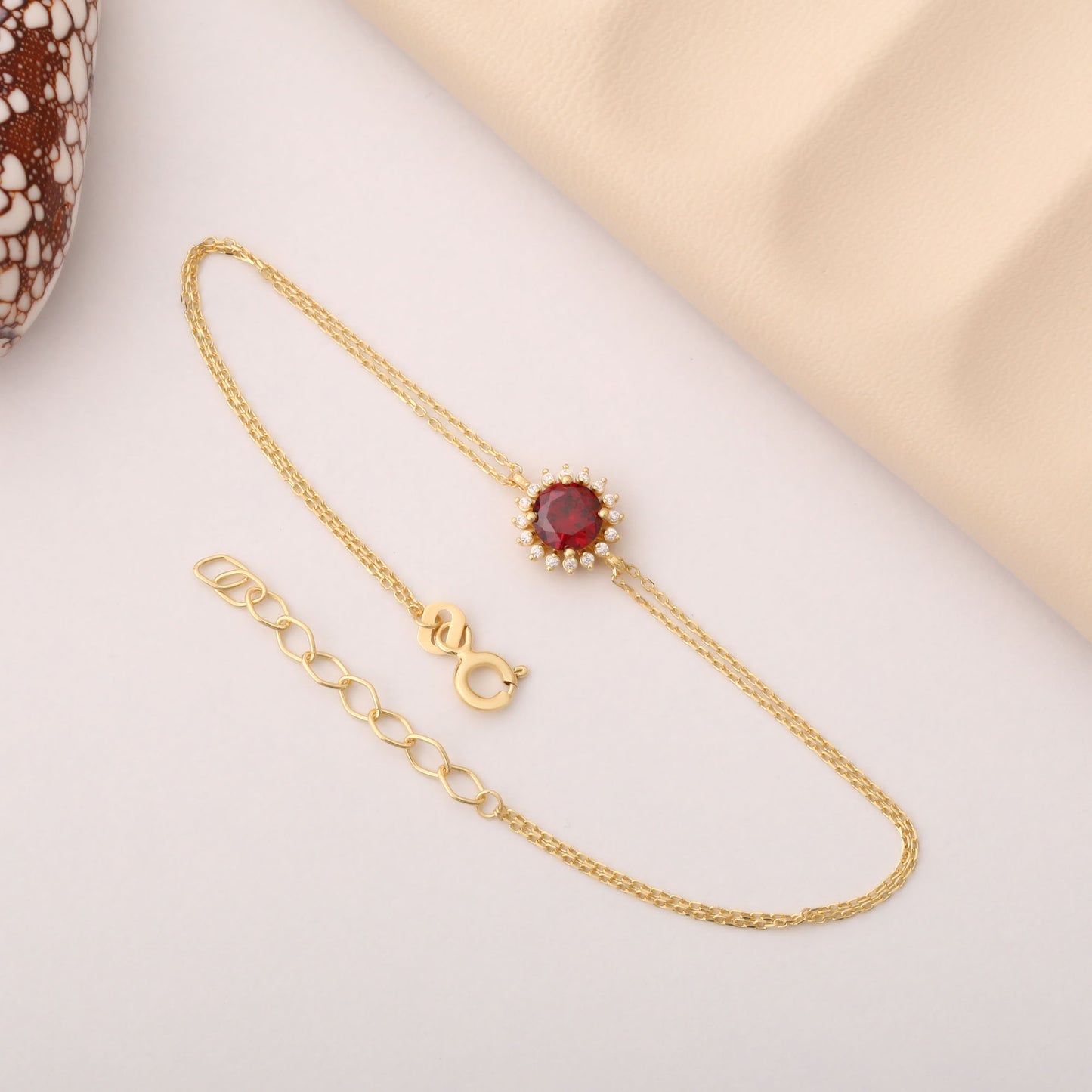 14K Solid Gold Garnet Bracelet in Round Shape Surrounded by Real Diamonds, Timeless Birthstone Jewelry for January Gifts