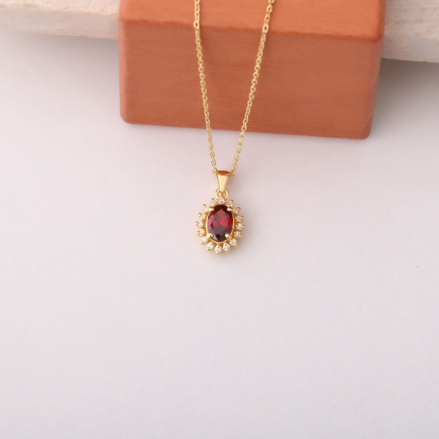 Oval Cut Garnet Necklace with Real Diamonds, 14K Solid Gold, January Birthstone Pendant