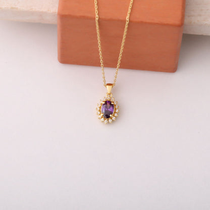 Oval Cut Amethyst Necklace with Real Diamonds, 14K Solid Gold, February Birthstone Pendant