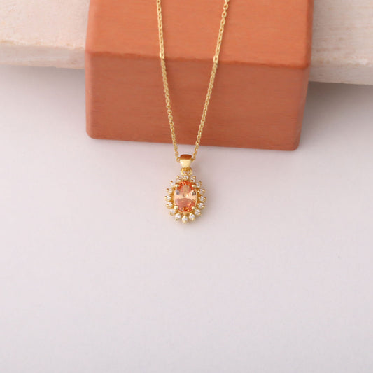 Oval Cut Citrine Necklace with Real Diamonds, 14K Solid Gold, November Birthstone Pendant