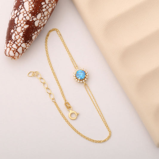 14K Solid Gold Blue Topaz Bracelet in Round Shape Surrounded by Real Diamonds, Birthstone Jewelry for December Gifts