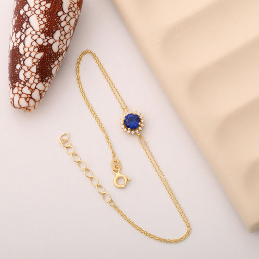 14K Solid Gold Sapphire Bracelet in Round Shape Surrounded by Real Diamonds, Birthstone Jewelry for September Gifts