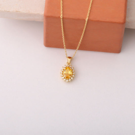 Oval Cut Yellow Topaz Necklace with Real Diamonds, 14K Solid Gold Pendant