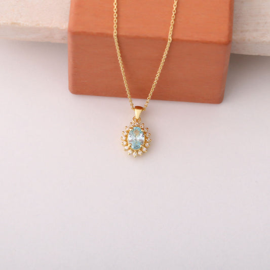 Oval Cut Aquamarine Necklace with Real Diamonds, 14K Solid Gold, March Birthstone Pendant