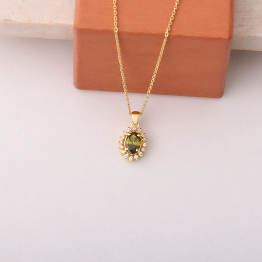 Oval Cut Peridot Necklace with Real Diamonds, 14K Solid Gold, August Birthstone Pendant