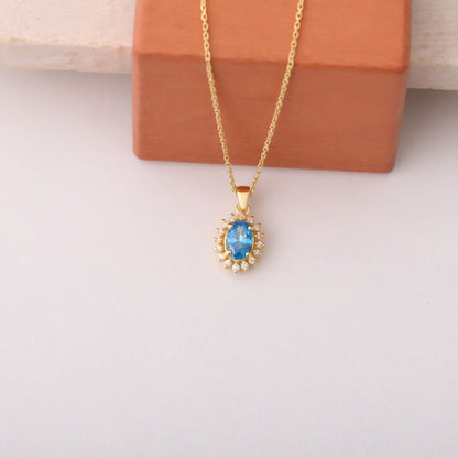 Oval Cut Blue Topaz Necklace with Real Diamonds, 14K Solid Gold, December Birthstone Pendant