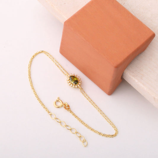 Peridot Oval Bracelet 14K Solid Gold Surrounded by Real Diamonds, August Birthstone Gift