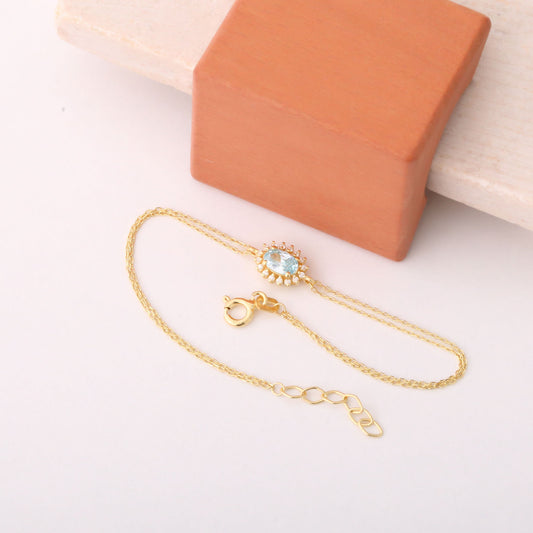 Aquamarine Oval Bracelet 14K Solid Gold Surrounded by Real Diamonds, March Birthstone Gift