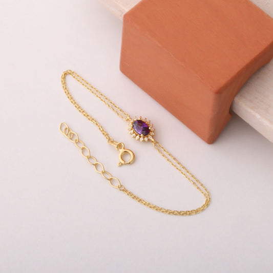 Amethyst Oval Bracelet 14K Solid Gold Surrounded by Real Diamonds, February Birthstone Gift