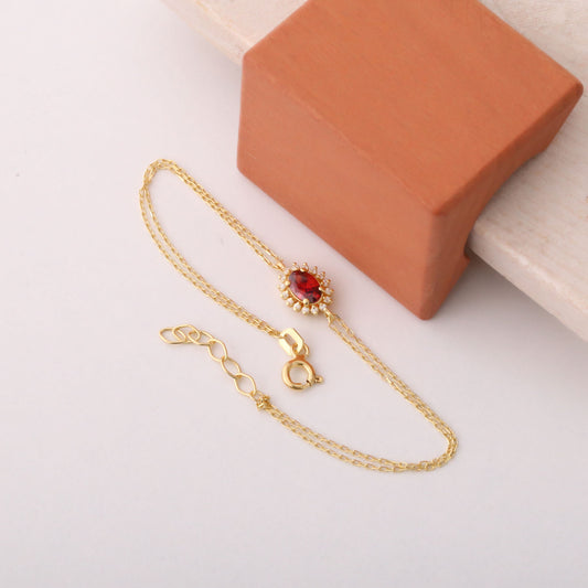 Garnet Oval Bracelet 14K Solid Gold Surrounded by Real Diamonds, January Birthstone Gift