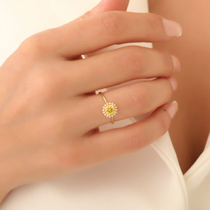 Yellow Topaz Ring in Round 14K Solid Gold Shape Surrounded by Real Diamonds