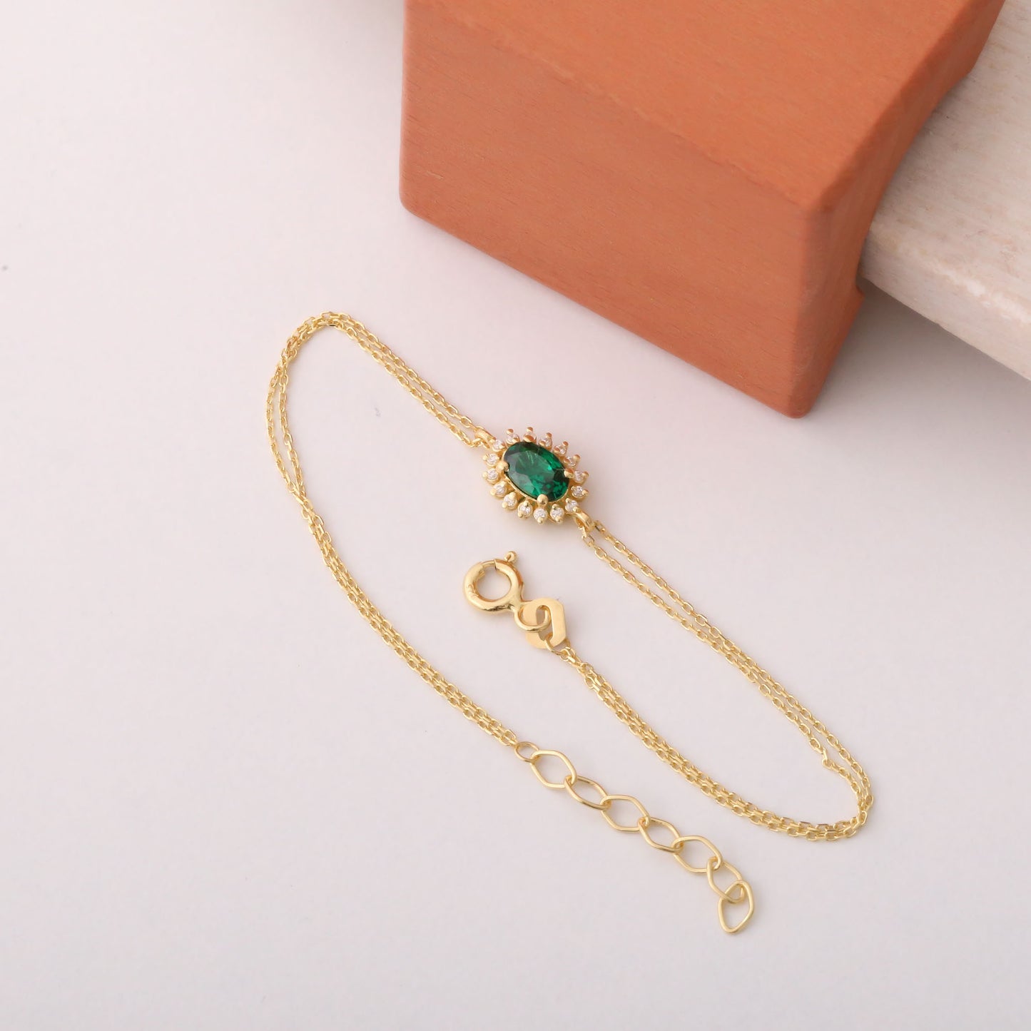 Emerald Oval Bracelet 14K Solid Gold Surrounded by Real Diamonds, May Birthstone Gift