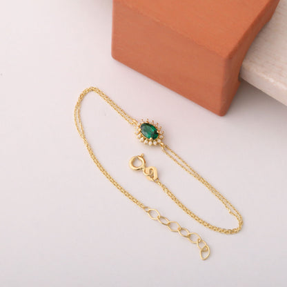 Emerald Oval Bracelet 14K Solid Gold Surrounded by Real Diamonds, May Birthstone Gift