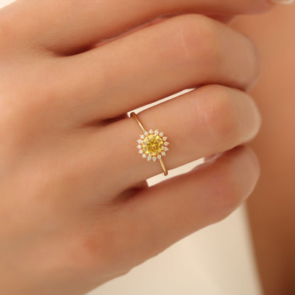 Yellow Topaz Ring in Round 14K Solid Gold Shape Surrounded by Real Diamonds