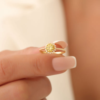 Yellow Topaz Ring in Round 14K Solid Gold Shape Surrounded by Real Diamonds