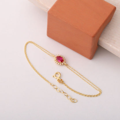 Ruby Oval Bracelet 14K Solid Gold Surrounded by Real Diamonds, July Birthstone Gift