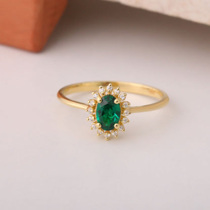 Emerald Oval Ring 14K Solid Gold Surrounded by Real Diamonds, May Birthstone Gift