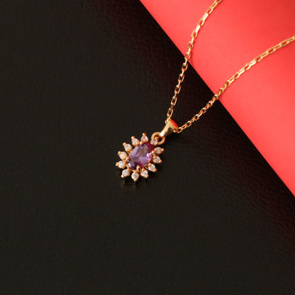 Teardrop Amethyst Necklace surrounded by Real Diamonds 14K Solid Gold, February Birthstone