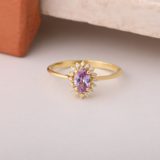 Alexandrite Oval Ring 14K Solid Gold Surrounded by Real Diamonds, June Birthstone Gift