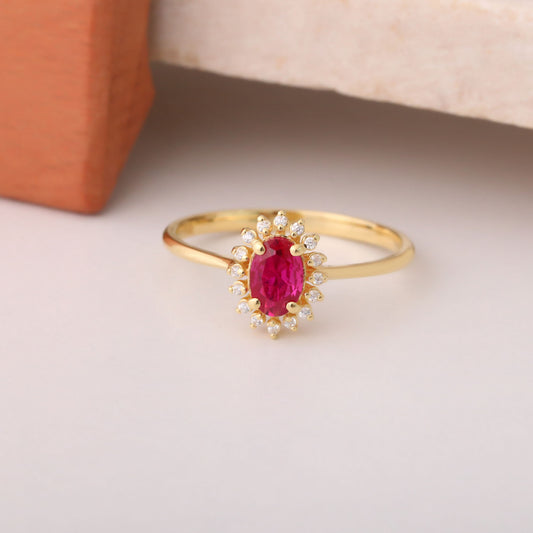 Ruby Oval Ring 14K Solid Gold Surrounded by Real Diamonds, July Birthstone Gift