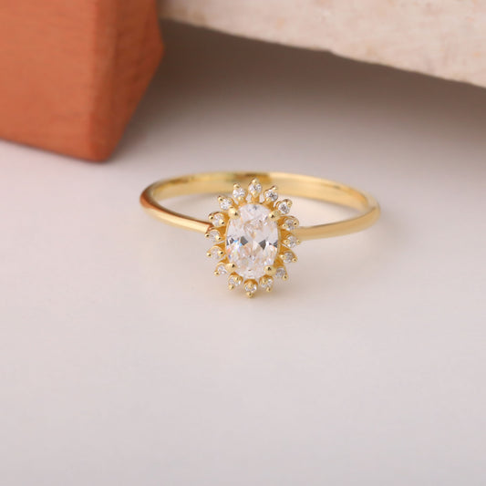 White Topaz Oval Ring 14K Solid Gold Surrounded by Real Diamonds, April Birthstone Gift